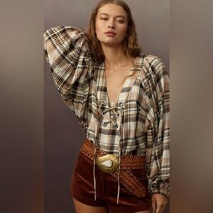 NWT Anthropologie Long-Sleeve Lace-Up Balloon Sleeve Dolman Blouse, Size XS